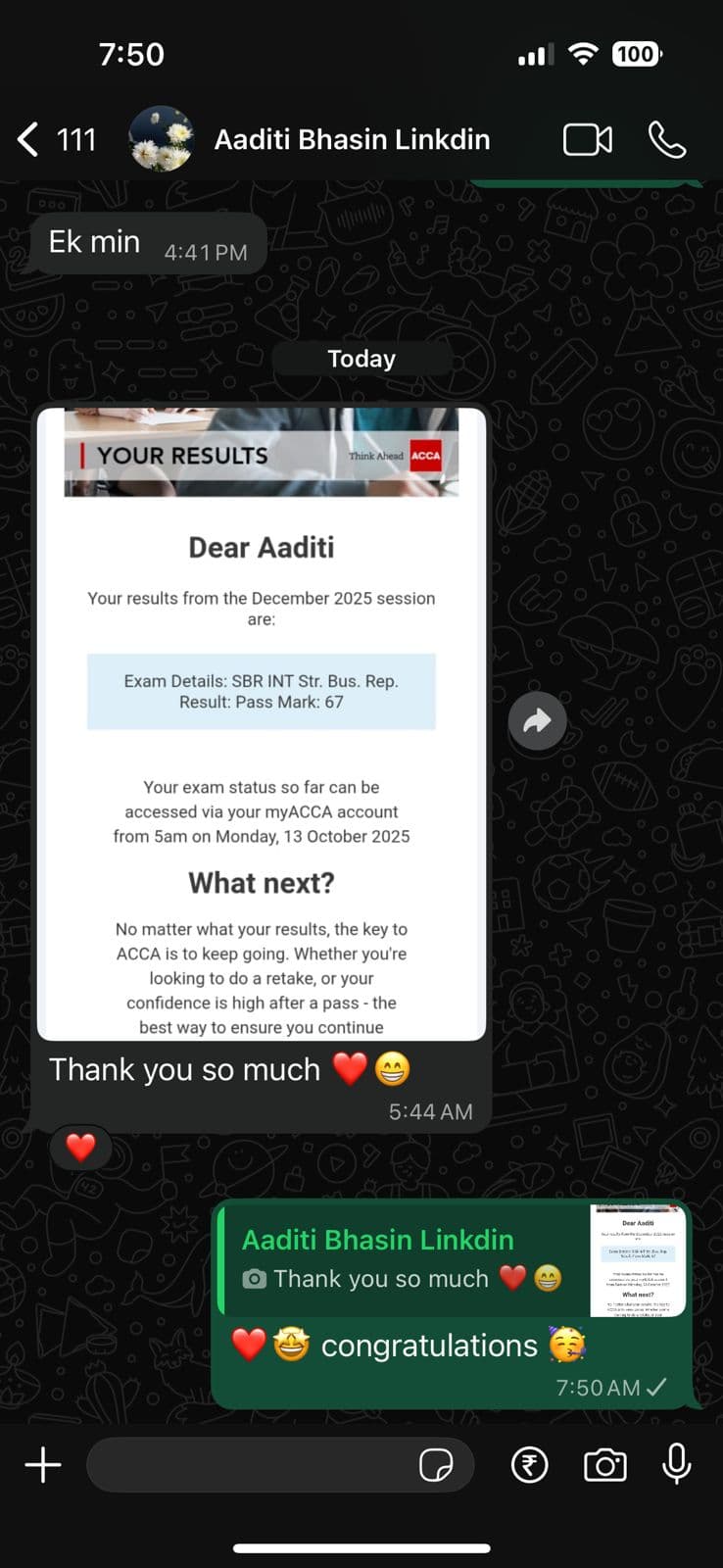 Aaditi Bhasin — ACCA exam success message