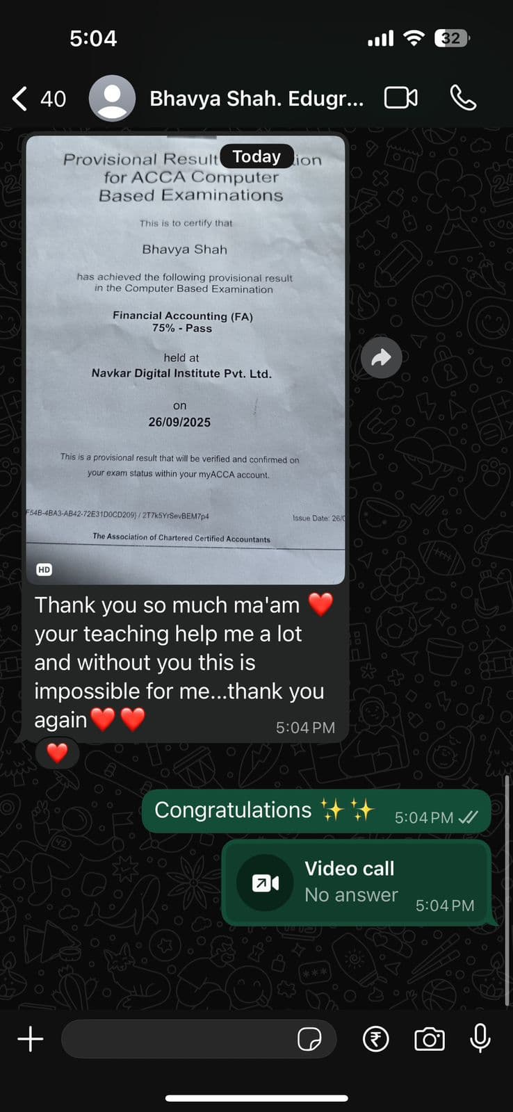 Bhavya Shah — ACCA exam success message