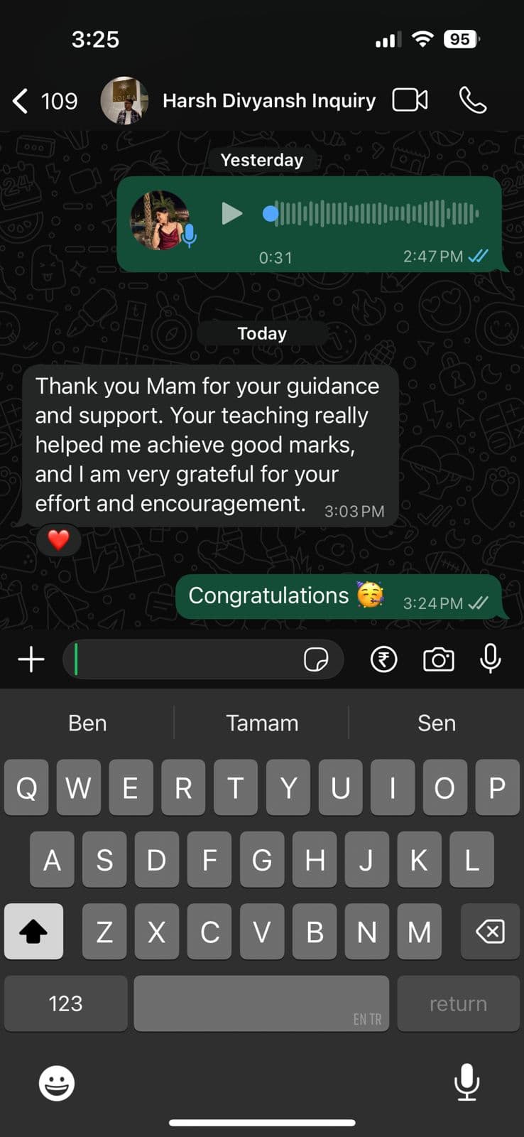 Harsh Jain — student feedback message