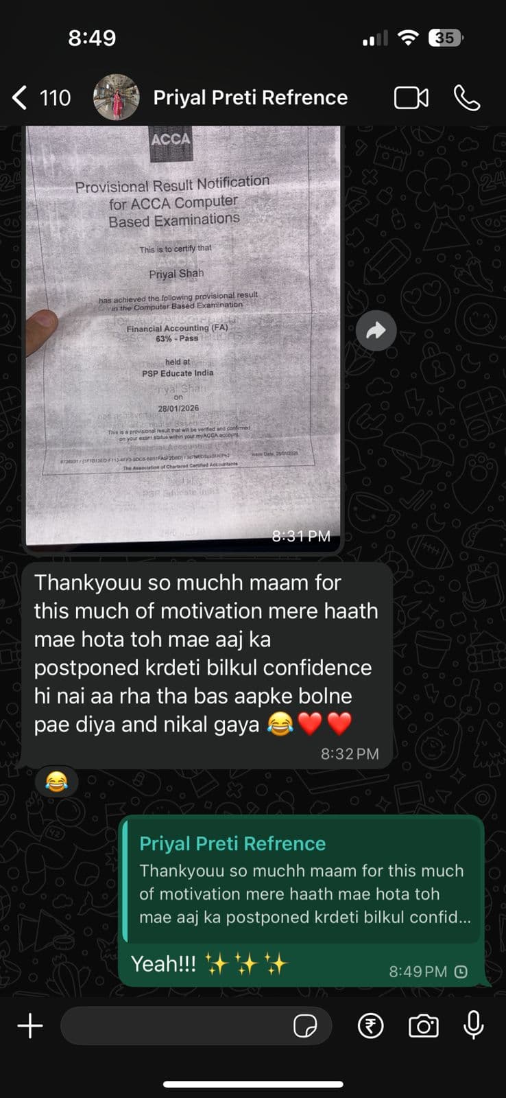 Priyal Shah — ACCA exam success message