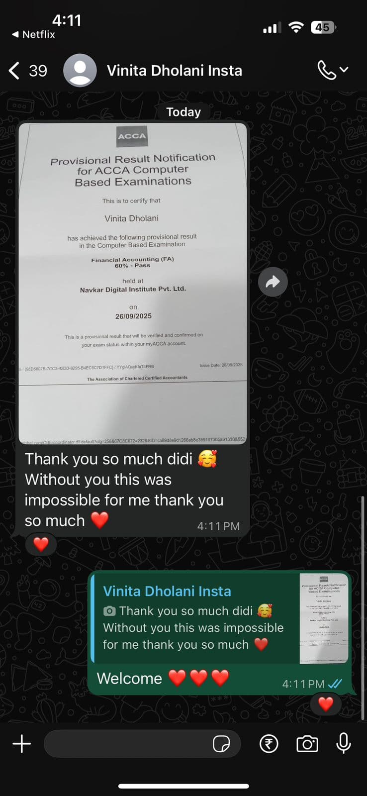 Vinita Dholani — ACCA exam success message