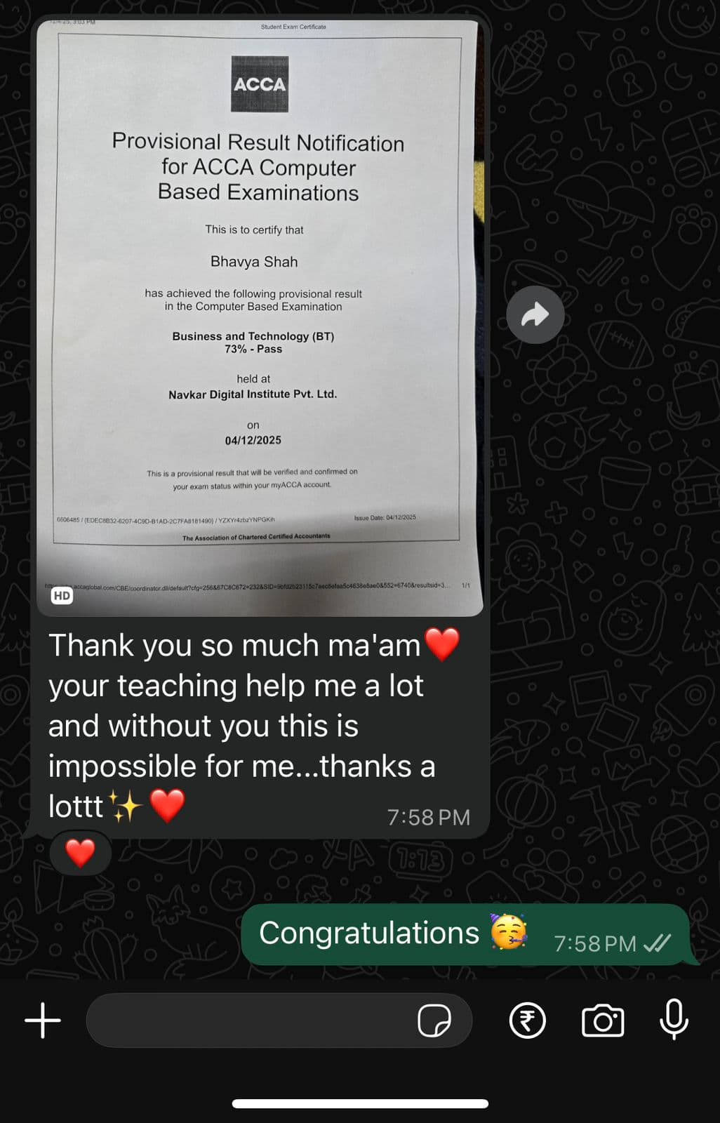 Bhavya Shah — Business and Technology ACCA result and feedback