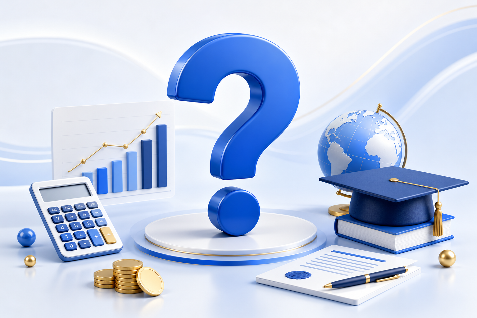 Question mark surrounded by accounting, education and global finance symbols